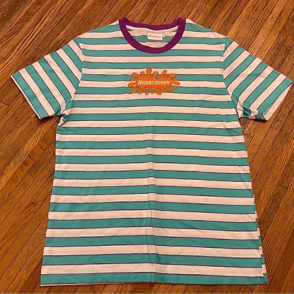 Nickelodeon turquoise/white horizontal stripe short sleeve men’s tee shirt